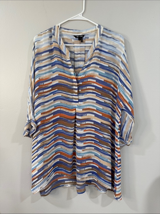 NIC+ZOE Tops - Nic + Zoe Blue, Brown Orange Striped V-Neck longline Tunic blouse boho chic
